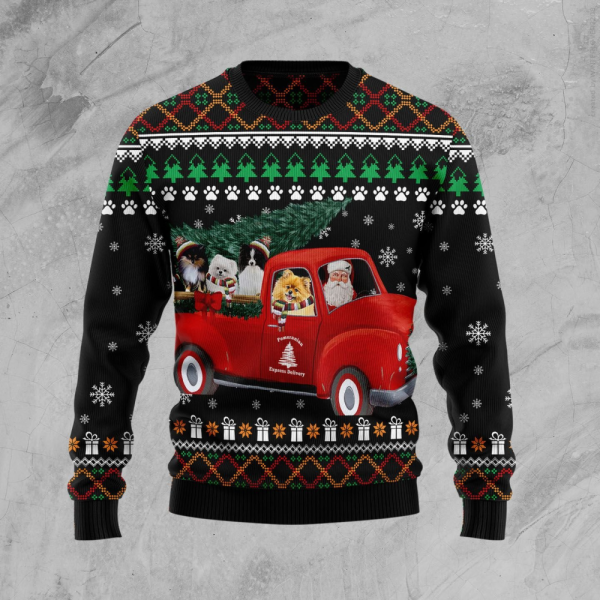 Pomeranian And Red Truck Christmas Ugly Christmas Sweater Gift For Pet Lovers