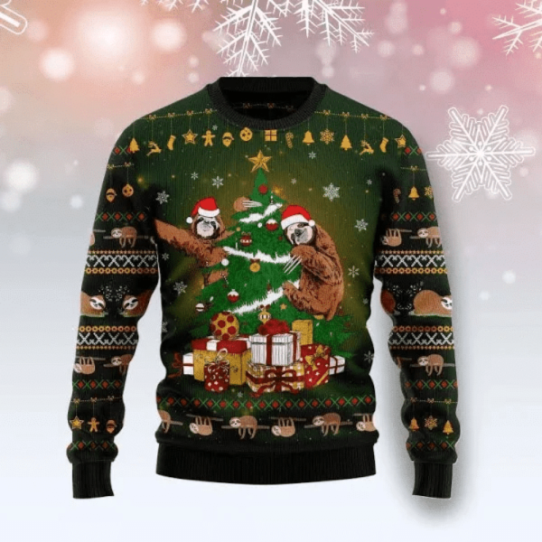 Sloth With Tree Black Ugly Gift For Christmas, Unisex Crewneck Sweater