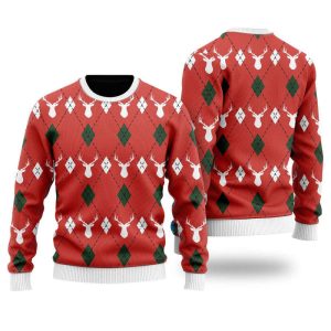 Red Argyle Reindeer Ugly Christmas Sweater,…