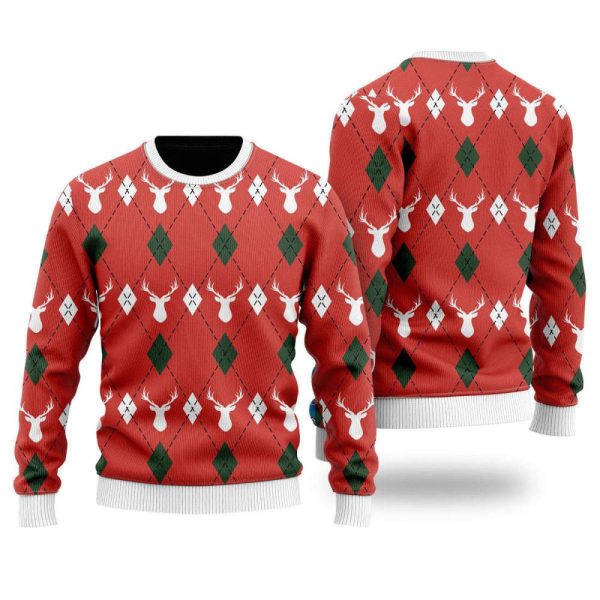 Red Argyle Reindeer Ugly Christmas Sweater, Gift For Christmas, Unisex Crewneck Sweater