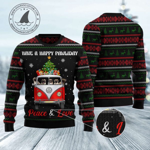 Pug Dogs Carrying Gift Christmas On The Red Car Ugly Christmas Sweater