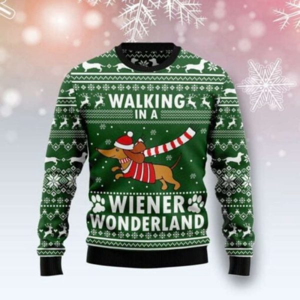 Dachshund Dog Walking In A Wiener Wonderland Ugly Christmas Sweater