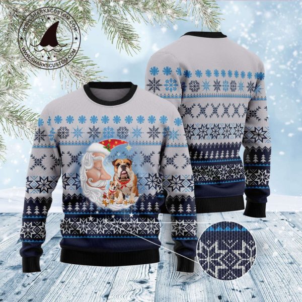 Bulldog Love Santa Moon Ugly Christmas Sweater, Gift For Christmas