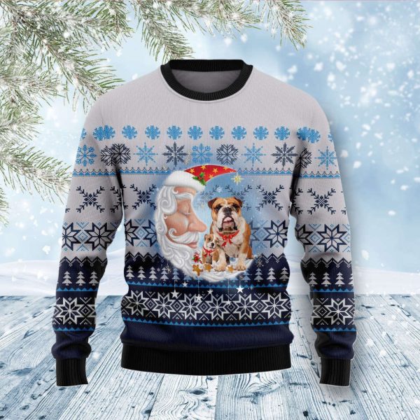 Bulldog Love Santa Moon  Ugly Christmas Sweater, Gift For Christmas 2023