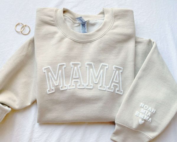 Personalized Mama Sweatshirt With Kid Names On Sleeve, Embroidered Sweatshirt For Mom