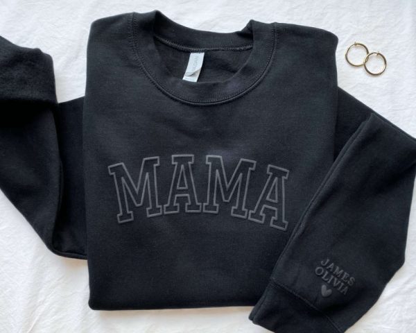 Personalized Mama Sweatshirt With Kid Names On Sleeve, Embroidered Sweatshirt For Mom