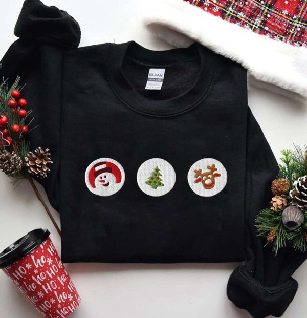 Christmas Sugar Cookies Embroidered Sweatshirt, Santa And Reindeer Crewneck Sweatshirt