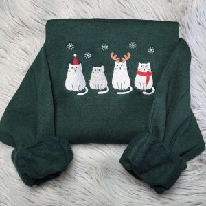 Embroidered Christmas Meowy Happy Cat Sweatshirt, Best Gift For Cat Lover