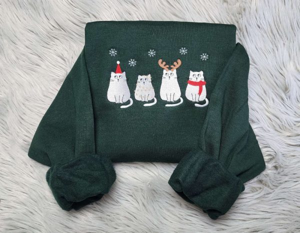 Embroidered Christmas Meowy Happy Cat Sweatshirt, Best Gift For Cat Lover