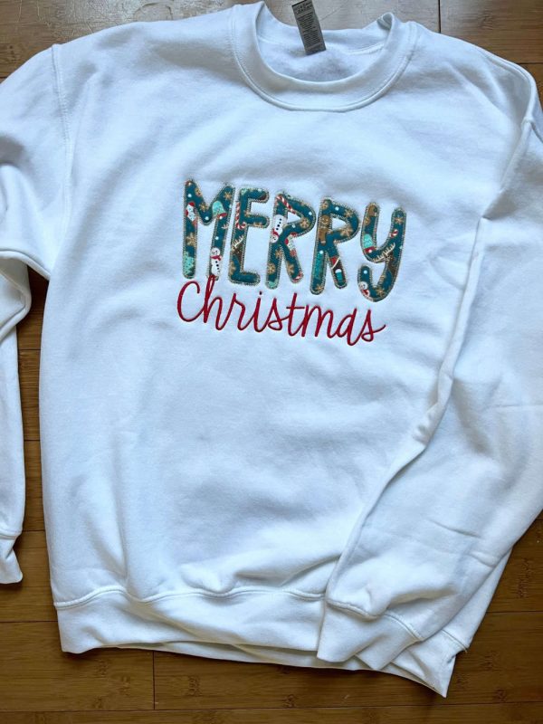 Merry Christmas Applique Sweatshirt, Embroidered Christmas Sweatshirt For Holidays