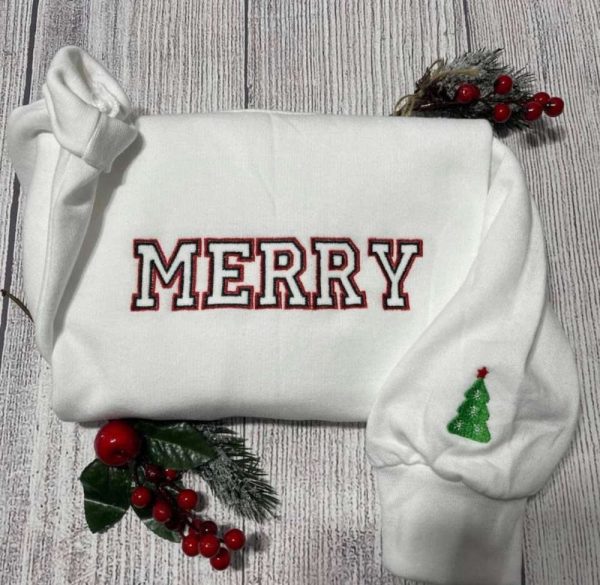 Merry Embroidered Crewneck, Christmas Tree Cuff Embroidery, Christmas Gifts