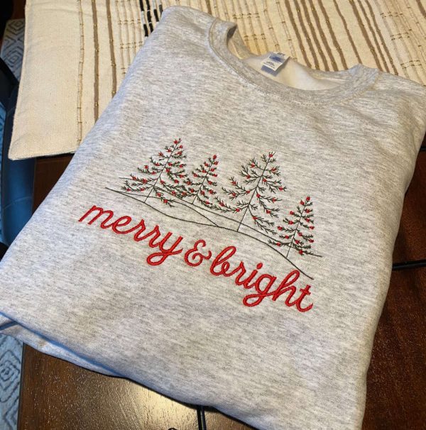 Embroidered Merry & Bright Christmas Crewneck Sweatshirt, Gift For Christmas