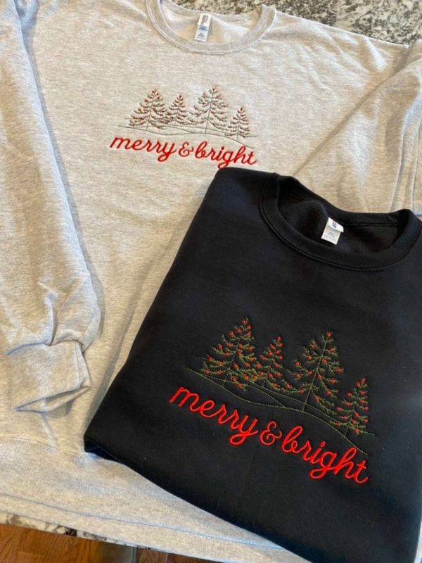 Embroidered Merry & Bright Christmas Crewneck Sweatshirt, Gift For Christmas