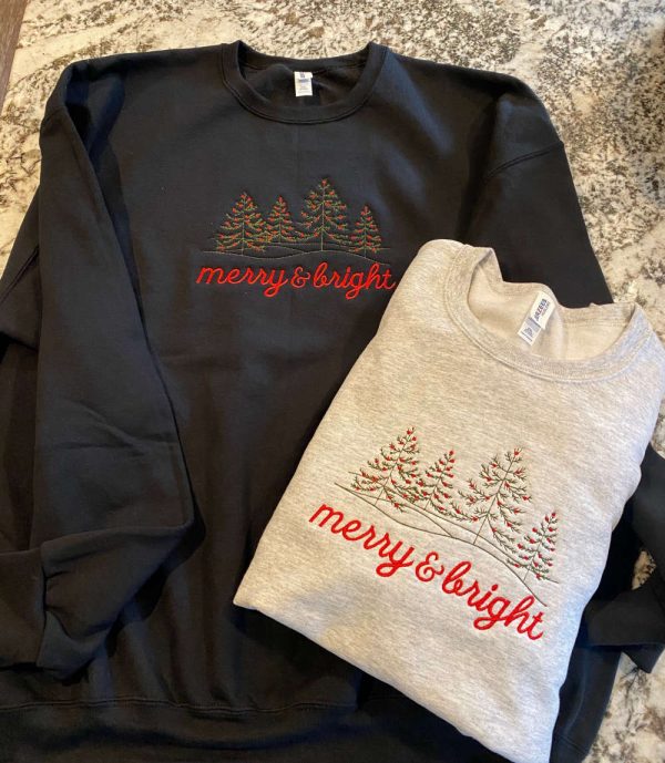 Embroidered Merry & Bright Christmas Crewneck Sweatshirt, Gift For Christmas