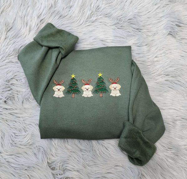 Embroidered Christmas Dogs Sweatshirt, Christmas Happy Dogs with Christmas Tree Embroidered