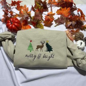 Merry & Bright Christmas Tree Embroidered Crewneck Sweatshirt, Gift For Christmas
