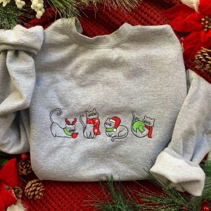 Merry Meows Embroidered Unisex Sweatshirt, Christmas Cat Sweatshirt For Cat Lover