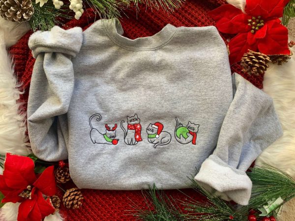 Merry Meows Embroidered Unisex Sweatshirt, Christmas Cat Sweatshirt For Cat Lover