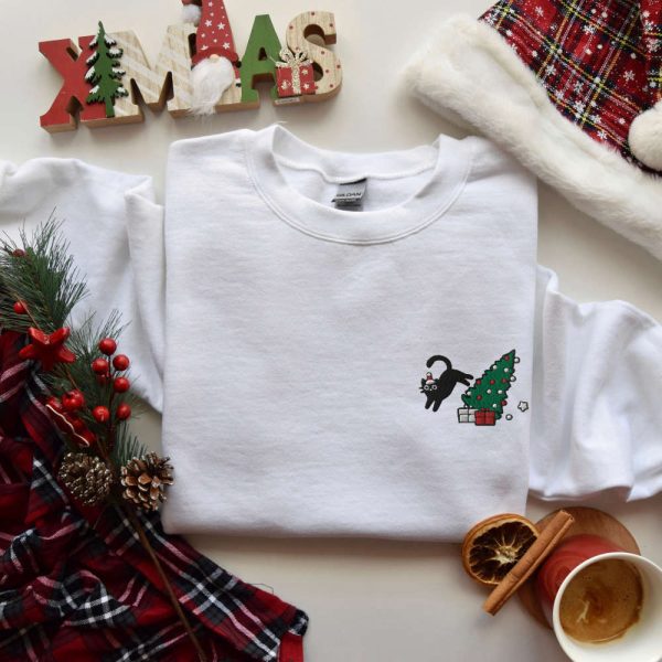 Christmas Cat Embroidered Sweatshirt, Meowy Christmas Crewneck For Christmas