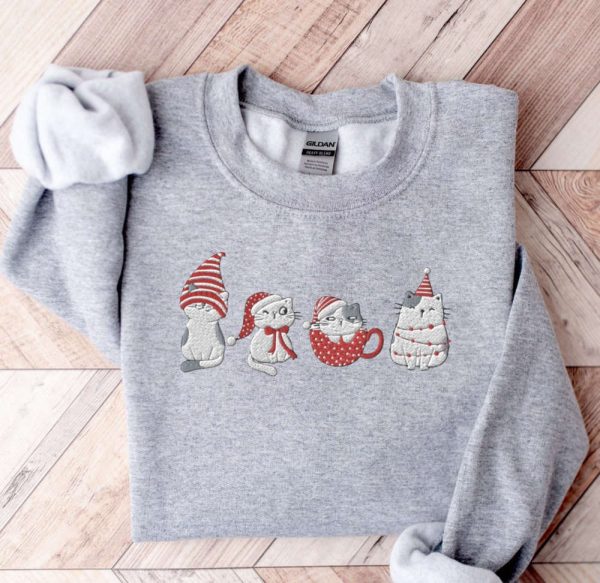 Embroidered Cat Christmas Sweatshirt, Meowy Christmas Sweatshirt, For Cat Lover