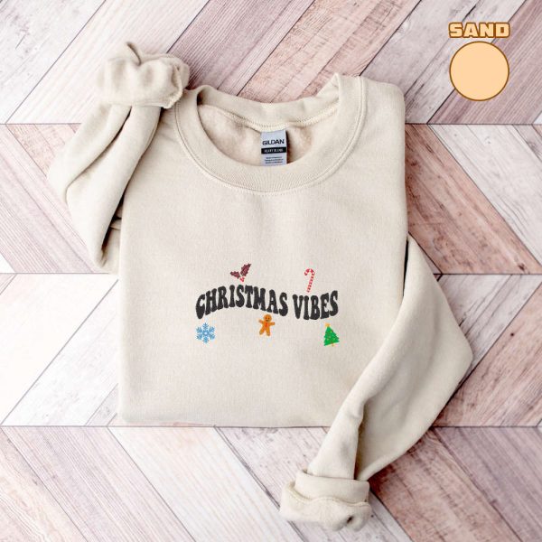 Embroidered Christmas Vibes Sweatshirt, Merry Christmas Sweatshirt For Family