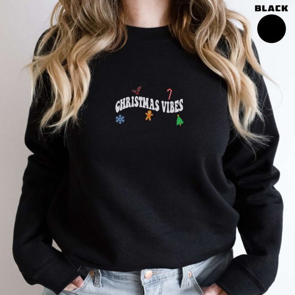 Embroidered Christmas Vibes Sweatshirt, Merry Christmas Sweatshirt For Family