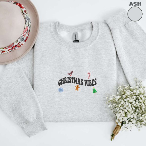 Embroidered Christmas Vibes Sweatshirt, Merry Christmas Sweatshirt For Family