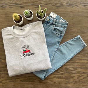 Merry Christmas Embroidered Sweatshirt, Christmas Trees,…