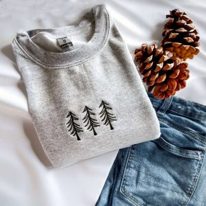 Pine Tree Embroidered Sweatshirt, Christmas Crewneck…