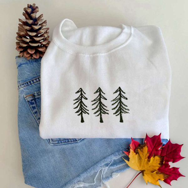 Pine Tree Embroidered Sweatshirt, Christmas Crewneck Sweatshirt For Family