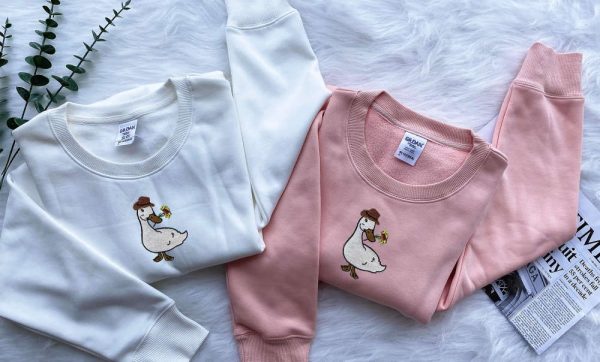 Embroidered Cowboy Goose Sweatshirt, Ducks and Flowers Embroidered Sweatshirt For Family