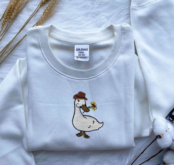 Embroidered Cowboy Goose Sweatshirt, Ducks and Flowers Embroidered Sweatshirt For Family