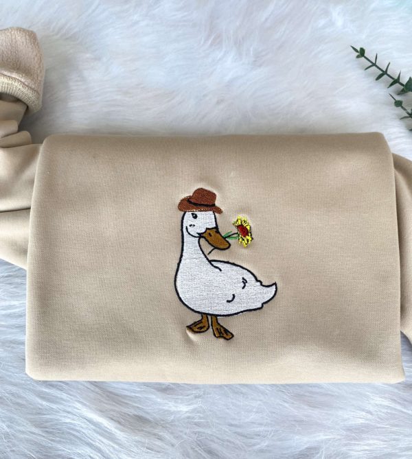 Embroidered Cowboy Goose Sweatshirt, Ducks and Flowers Embroidered Sweatshirt For Family