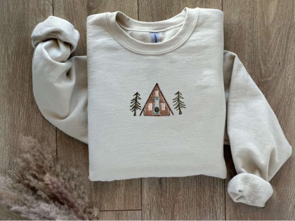 A-Frame Cabin Embroidered Sweatshirt, Christmas Embroidery Sweatshirt For Christmas