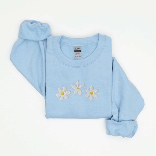 Daisies Sweatshirt, Embroidered Daisies Crewneck Sweatshirt For Flower Lover