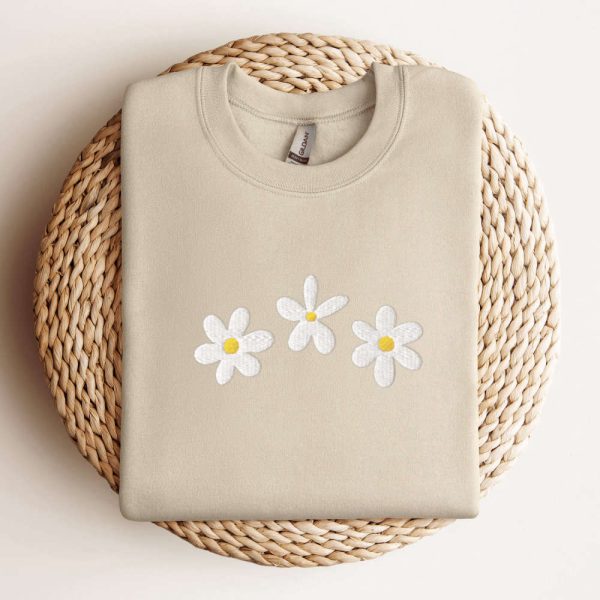 Daisies Sweatshirt, Embroidered Daisies Crewneck Sweatshirt For Flower Lover