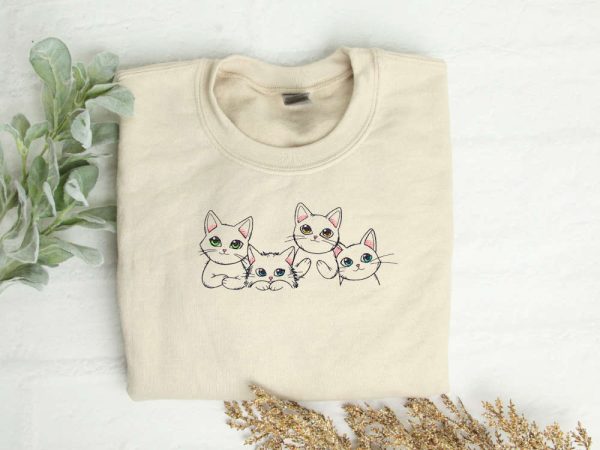 Adorable Cats Embroidered Sweatshirt, Crewneck Aesthetic Sweatshirt, Gift For Cat Lovers