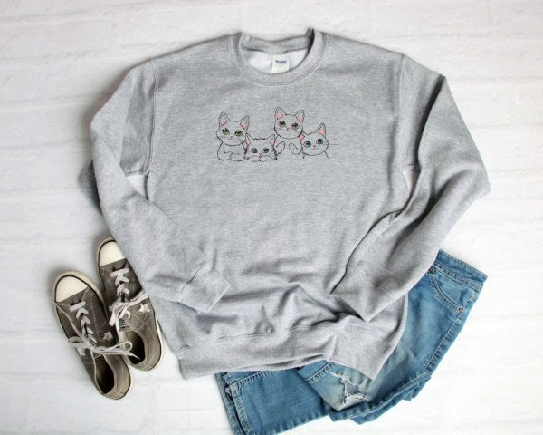 Adorable Cats Embroidered Sweatshirt, Crewneck Aesthetic Sweatshirt, Gift For Cat Lovers