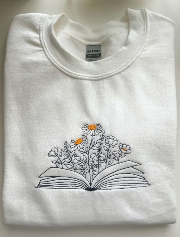 Book With Flowers, Floral Book Embroidered Sweatshirt, Gift For Book Lover