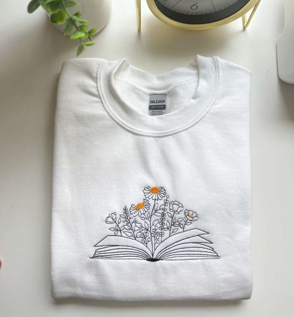 Book With Flowers, Floral Book Embroidered Sweatshirt, Gift For Book Lover