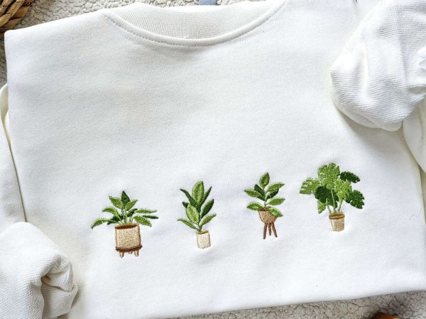 Embroidered Green Potted Plant Sweatshirt, Indoor Plant Gift For Her, Nature Lover Gift