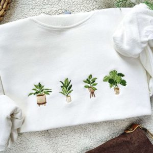 Embroidered Green Potted Plant Sweatshirt, Indoor…