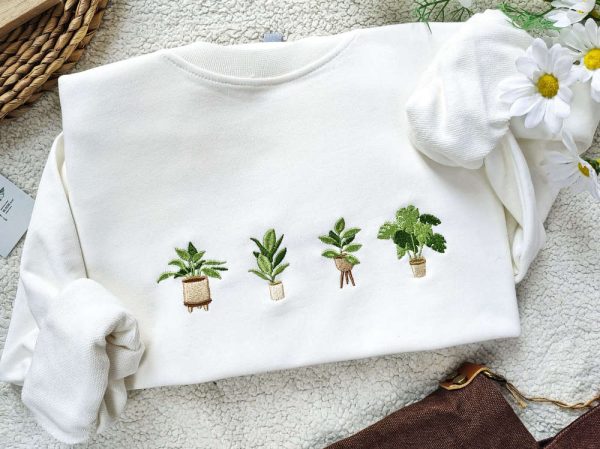 Embroidered Green Potted Plant Sweatshirt, Indoor Plant Gift For Her, Nature Lover Gift