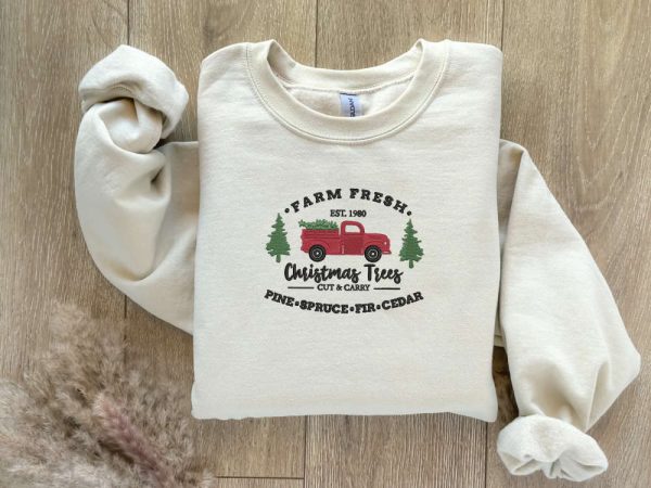 Christmas Farm Fresh Truck Embroidered Sweatshirt, Best Gift For Christmas