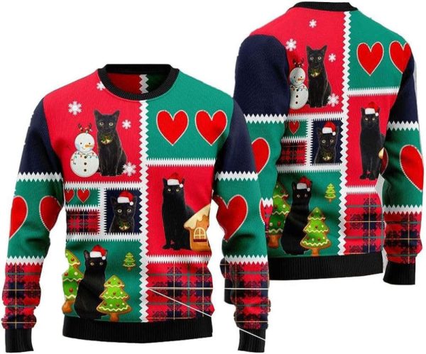 Black Cat Ugly Christmas Sweater Pullover Holiday Vacation Sweater, For Cat Lovers