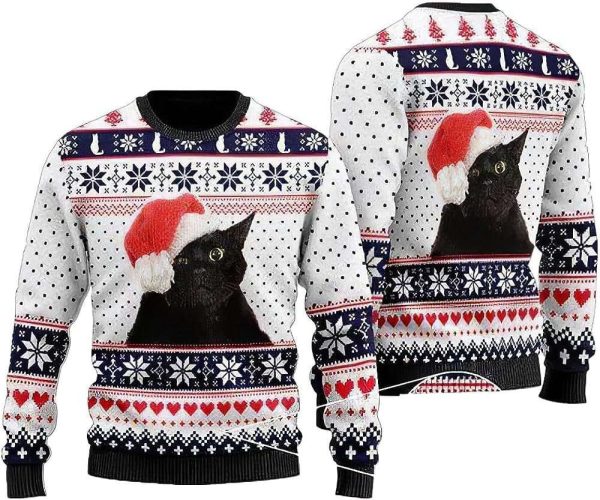 Black Cat Ugly Christmas Sweater Pullover Holiday Vacation Sweater, For Cat Lovers