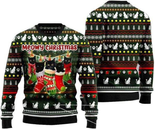 Black Cat Ugly Christmas Sweater Pullover Holiday Vacation Sweater, For Cat Lovers