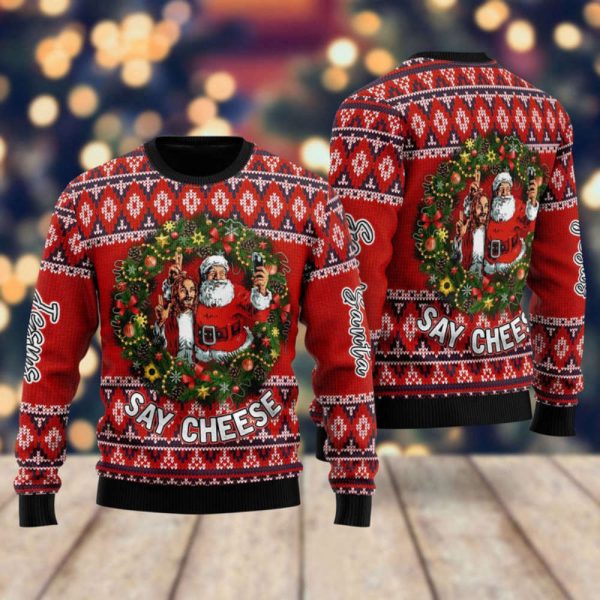 Jesus And Santa Say Cheese Ugly Christmas Sweater, Best Gift For Christmas 2023