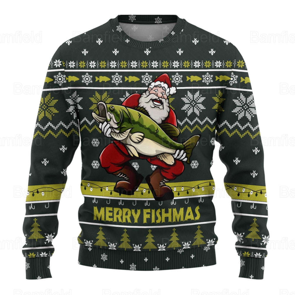 Ugly Christmas Sweater, Fish Xmas Sweater, Santa Christmas Sweater