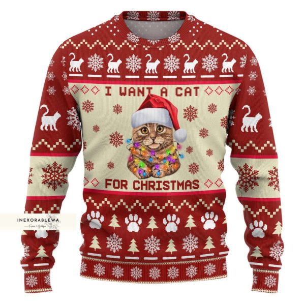 Cat Ugly Sweater, Meowy Christmas Ugly Sweater, Best Gift For Cat Lover